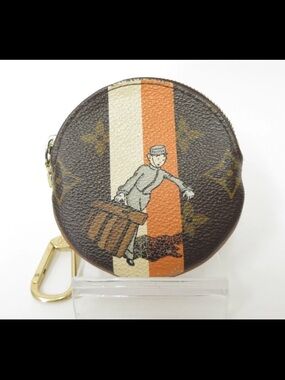 Louis Vuitton Brown Monogram Round Coin Pouch with Orange and Cream Stripes